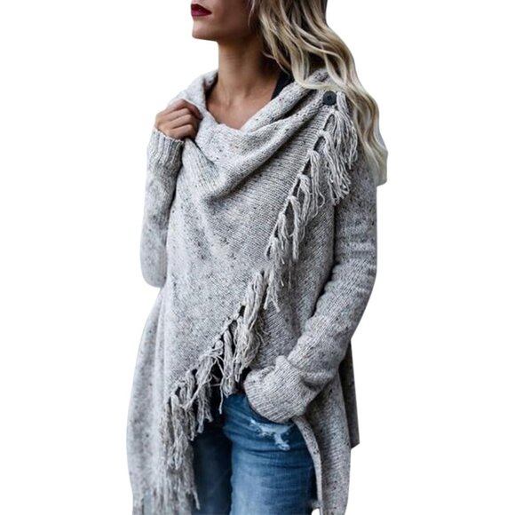 Asymmetrical Gray Knit Sweater With Fringe Detail - Cozy & Stylish one size - Picture 1 of 4